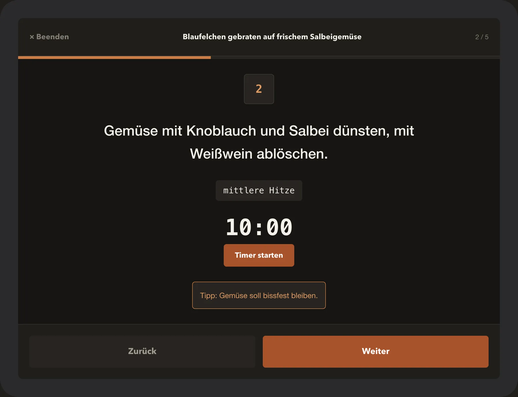 Screenshot der Avorix Koch-App: Rezeptschritt im Koch-Modus mit Temperatur und Timer