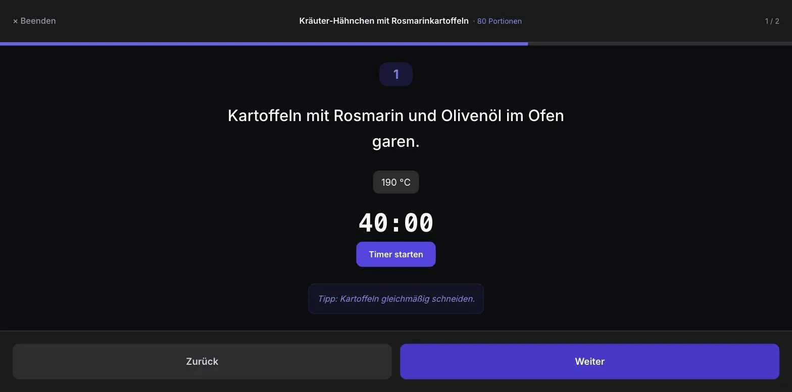 Screenshot der Avorix Koch-App: Rezeptschritt im Koch-Modus mit Temperatur und Timer