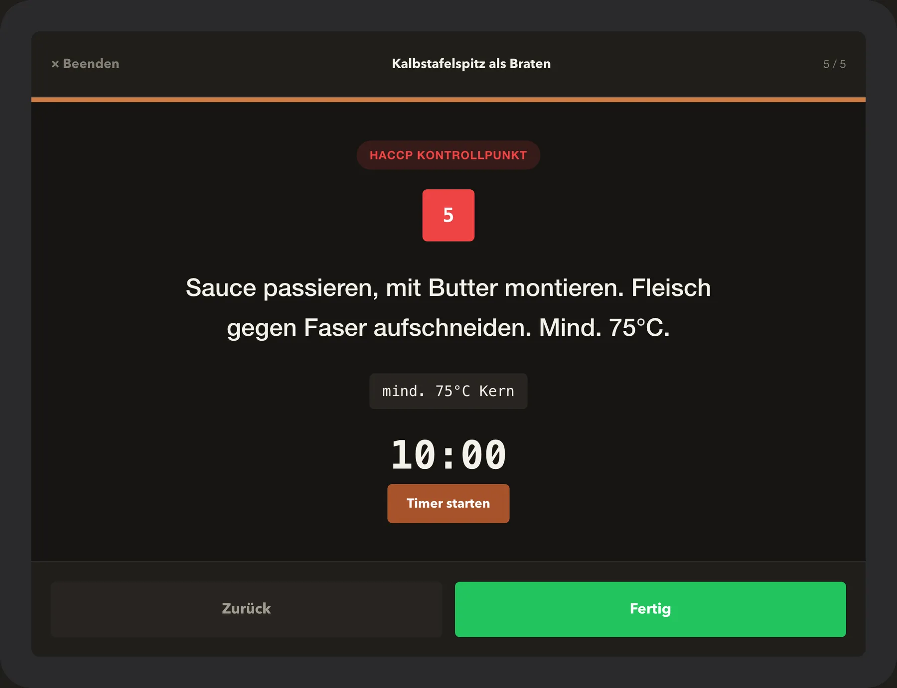 Screenshot der Avorix Koch-App: Arbeitsschritt mit rotem HACCP-Kontrollpunkt und 75 Grad Kerntemperatur