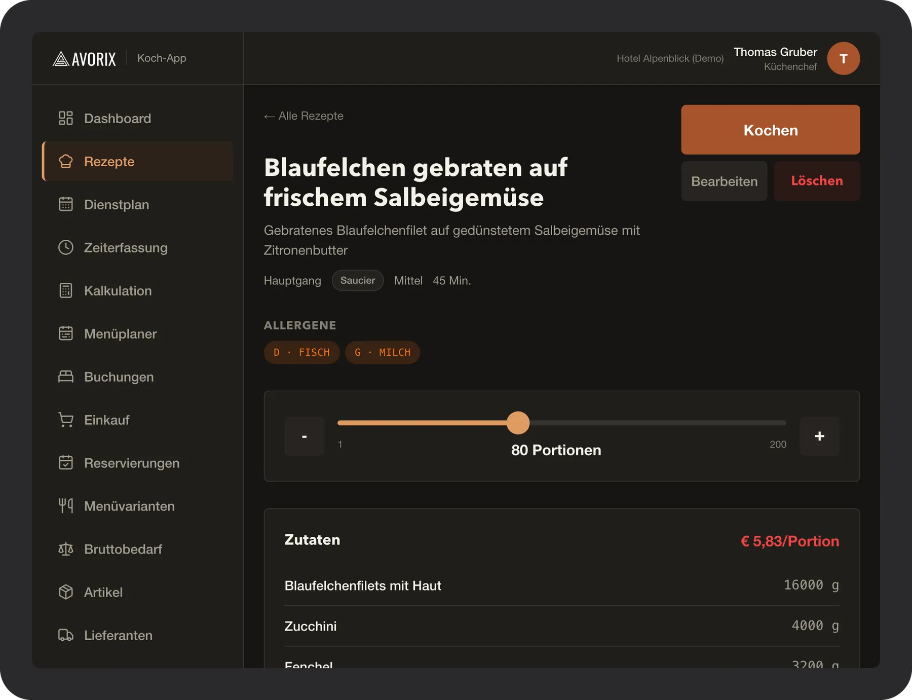 Screenshot der Avorix Koch-App: Portionsrechner skaliert ein Rezept auf 80 Portionen