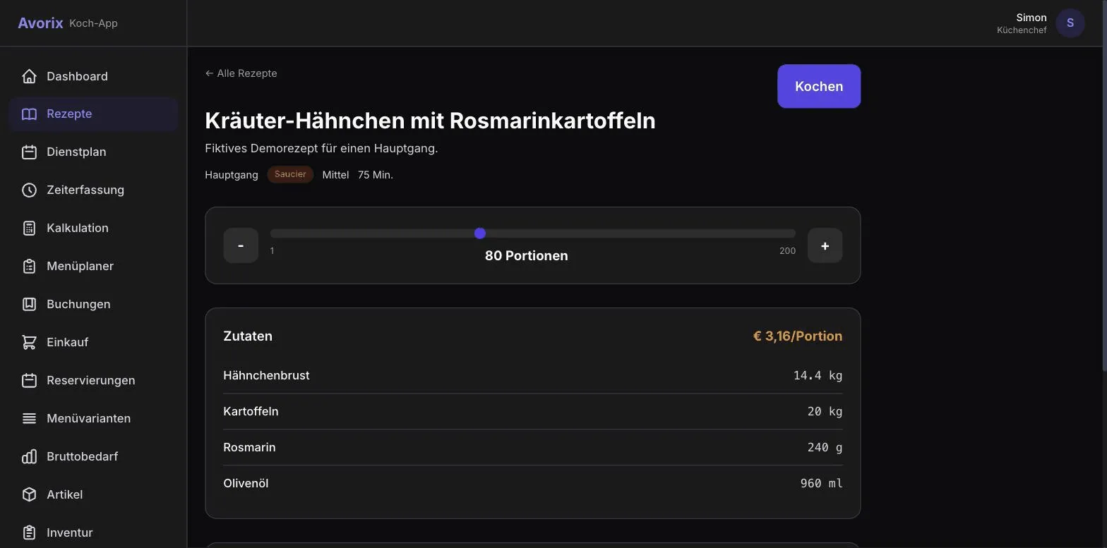 Screenshot der Avorix Koch-App: Portionsrechner skaliert ein Rezept auf 80 Portionen