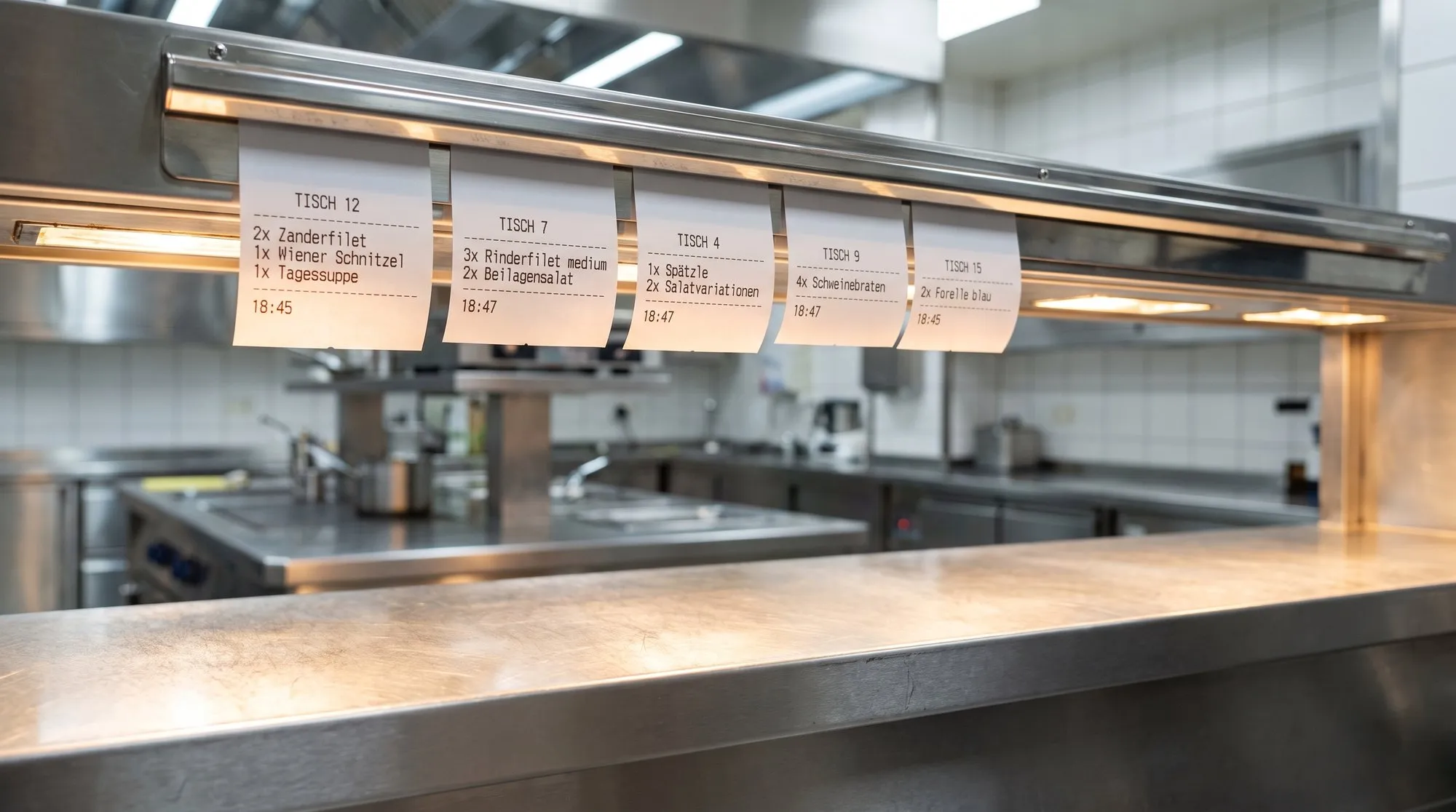 Bon-Leiste mit Bestellzetteln über dem Pass einer Restaurantküche