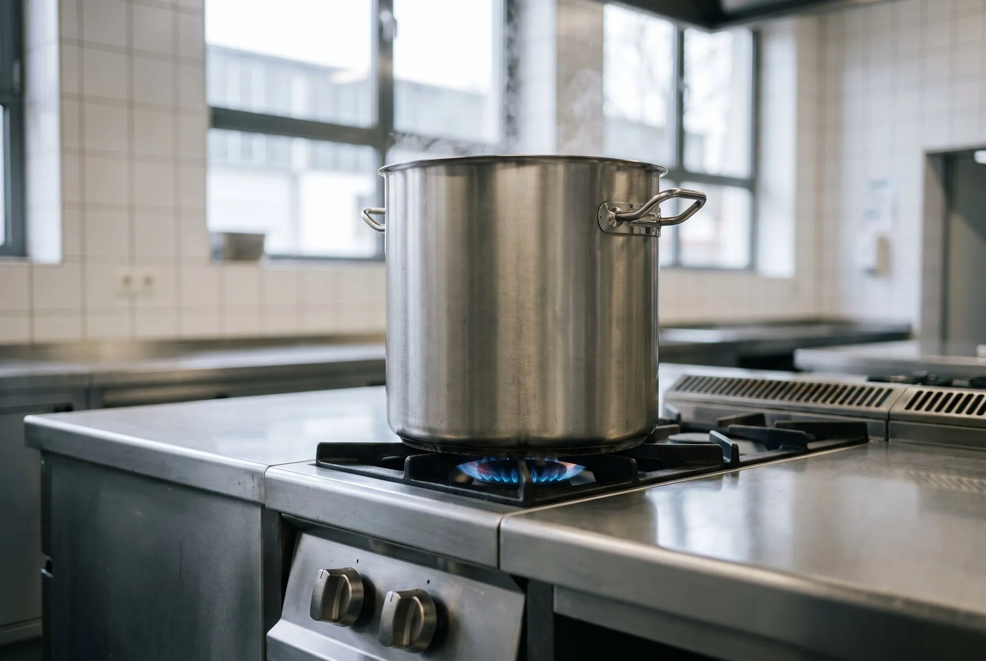 Steam rising from a stainless steel pot on the gas range of a professional kitchen