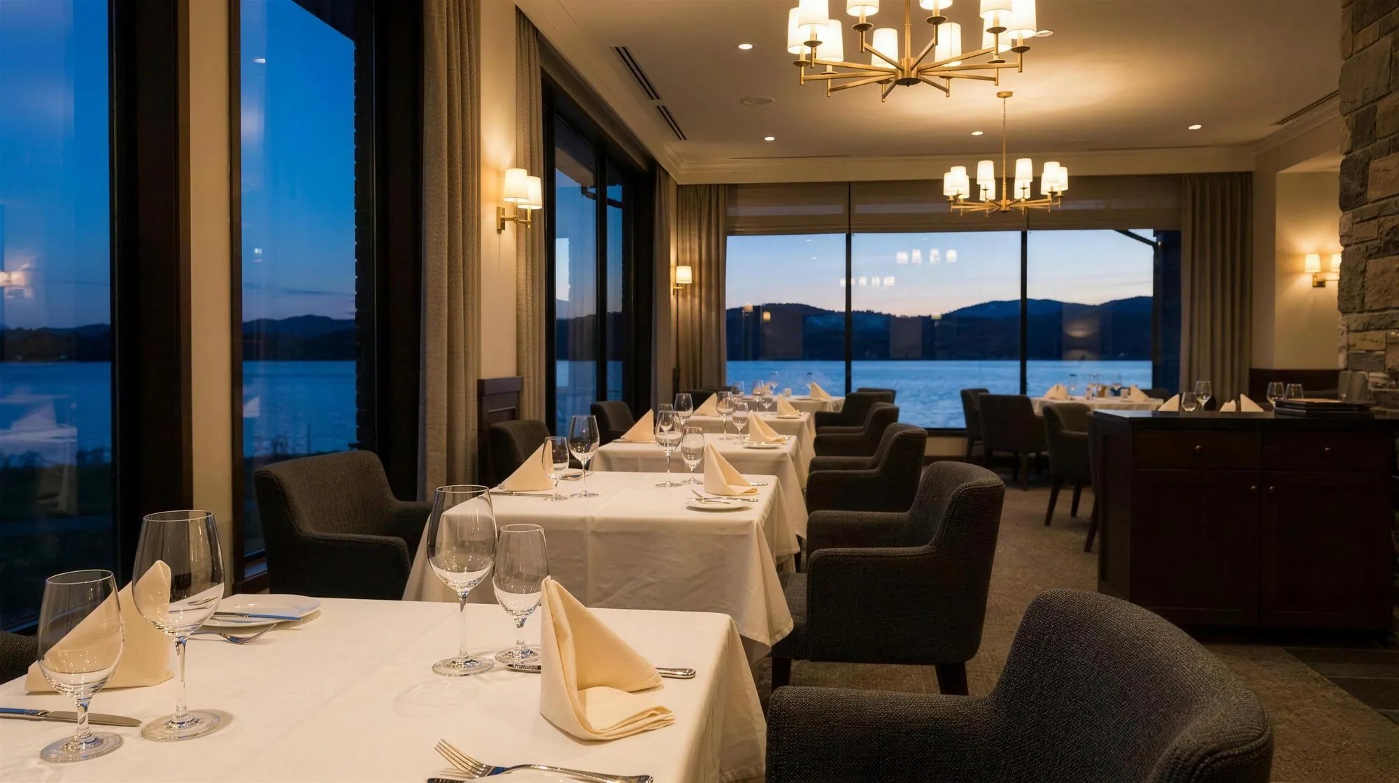 Eingedeckter Speisesaal eines Hotels mit Seeblick am Abend