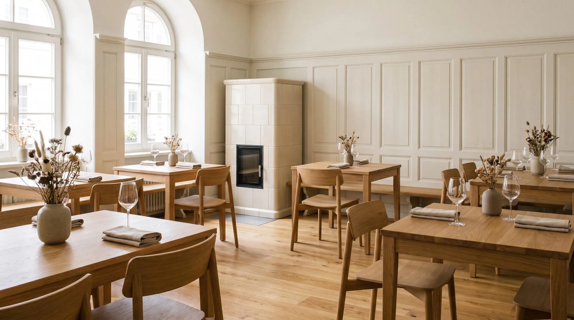 Heller, modern eingedeckter Gastraum eines Restaurants mit Holztischen, Weingläsern und Kachelofen