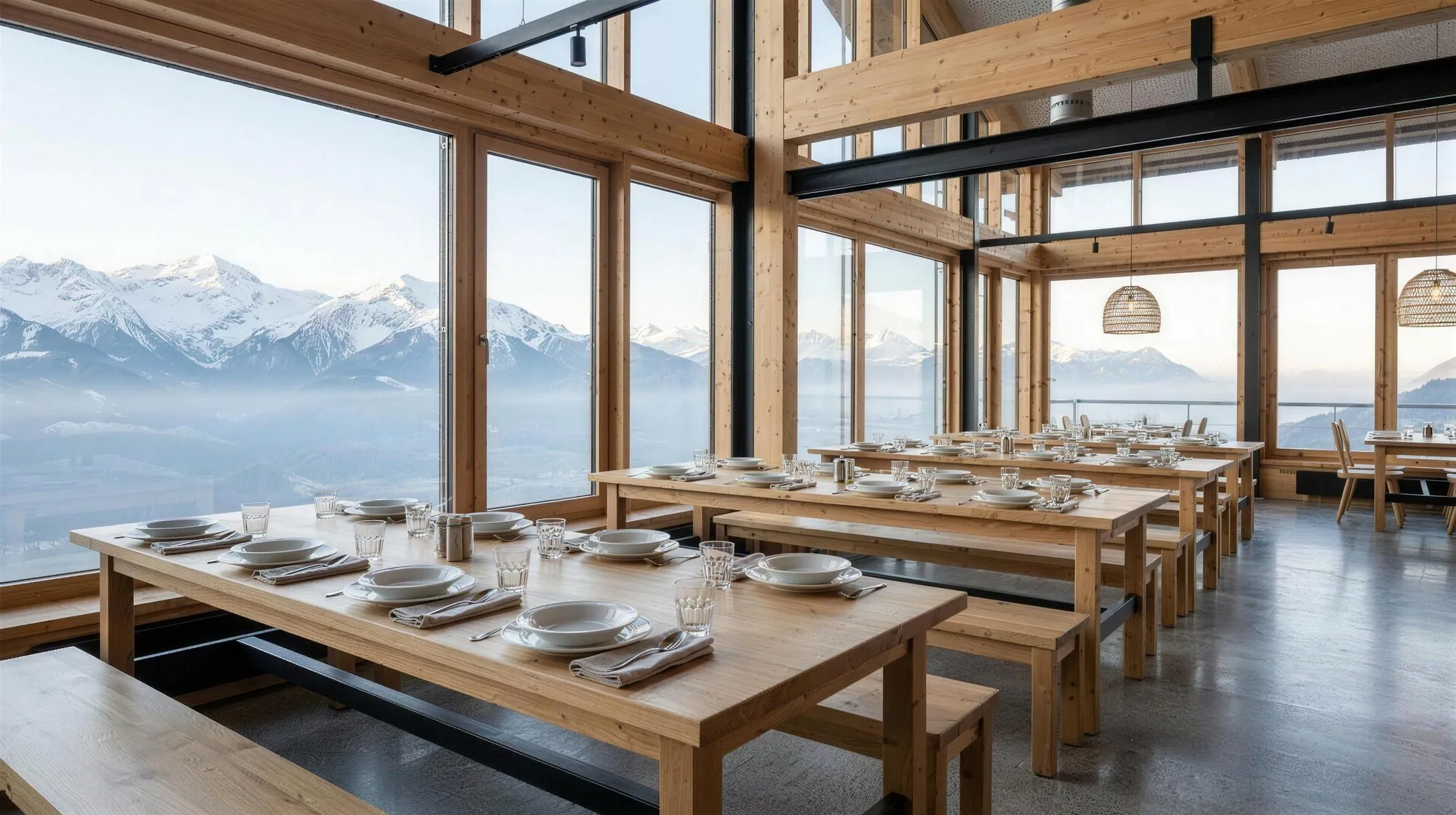 Moderner Speisesaal eines Sporthotels mit Bergpanorama