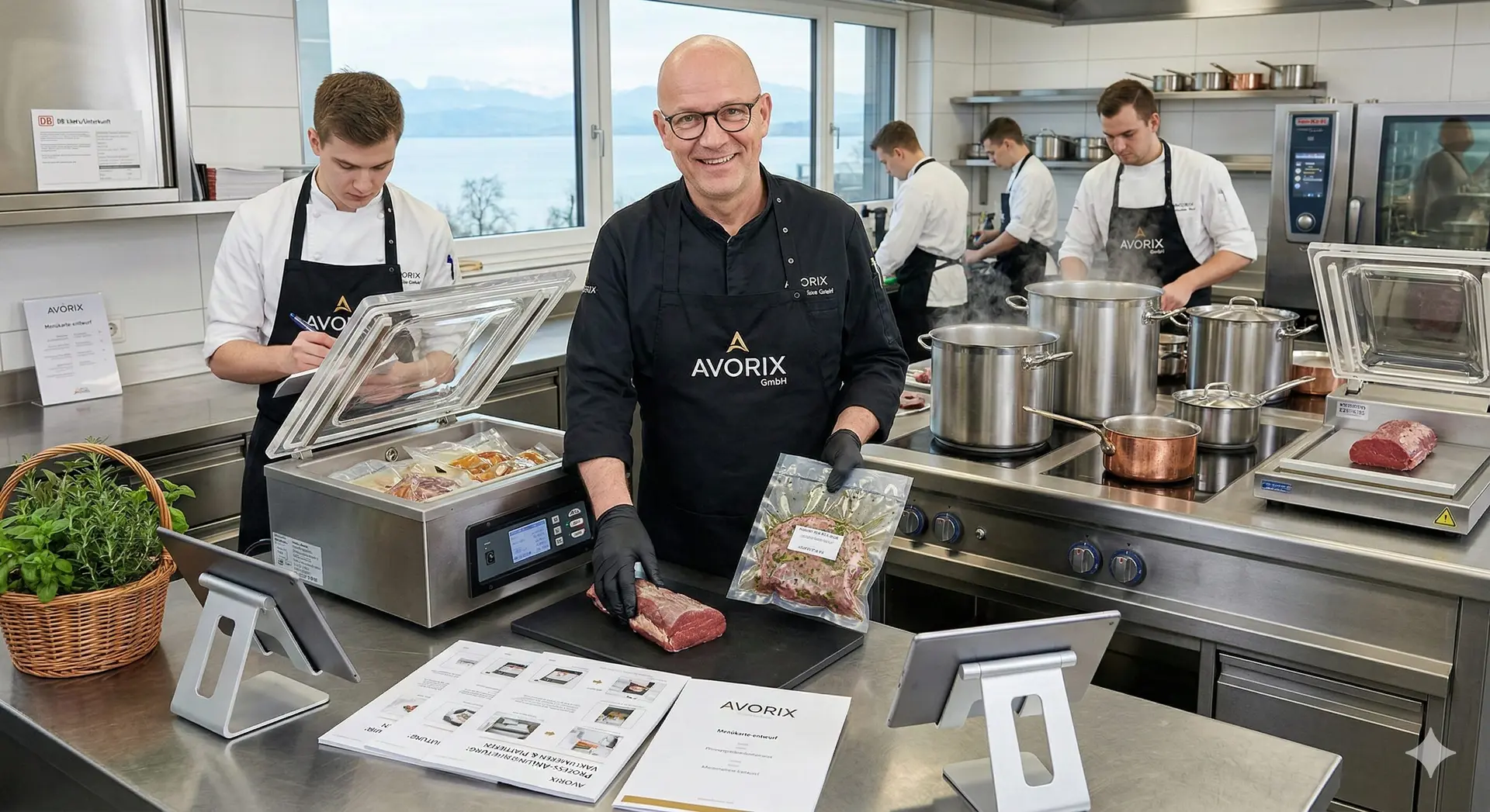 Avorix Koch App im Einsatz — Küchenchef mit Avorix-Jacke